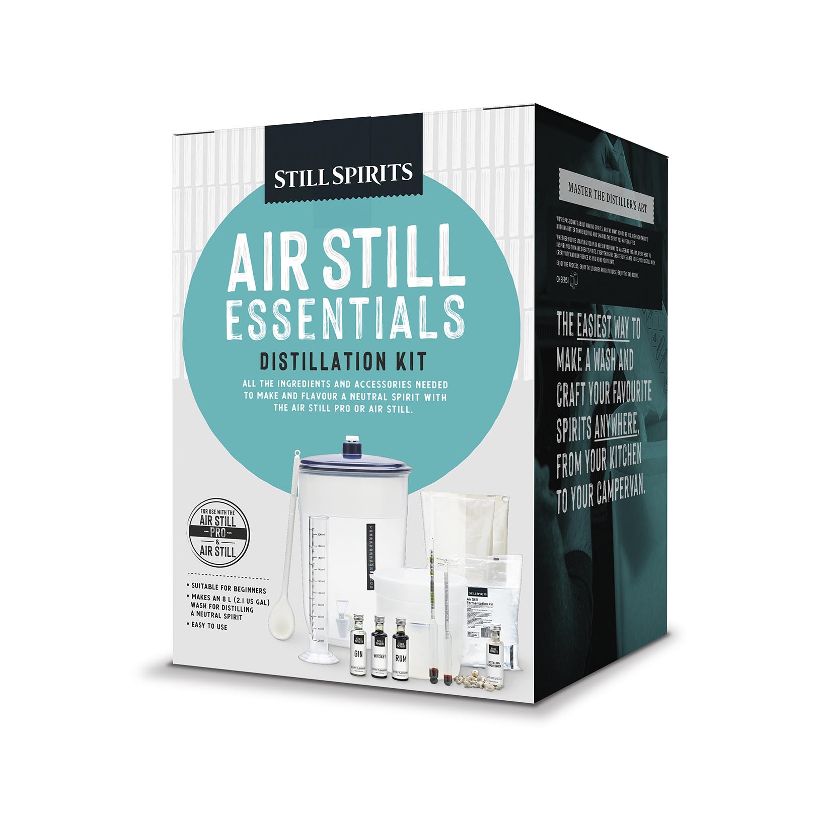 Distilling at home should be fun and easy. That's why we've packed all the beginner distilling essentials into one easy-to-use kit.

The Air Still Essentials Distillation Kit enables you to prepare and ferment your wash, collect distillate, dilute, filter, and flavor your neutral spirit with various Top Shelf Flavourings.
